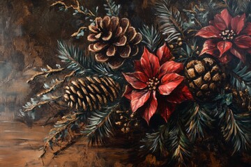 Fototapeta premium Vintage Christmas Floral Arrangement with Red Flowers, Holiday Season Decoration Generative AI