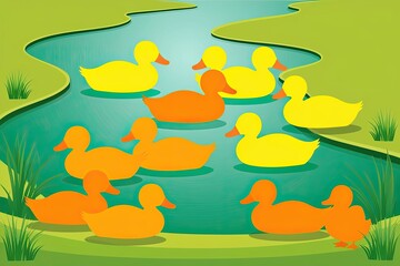 A group of silhouette yellow and orange ducks swimming in a river.