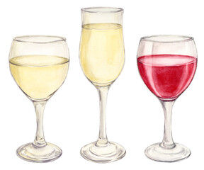 Watercolor wine glasses. High quality hand painted champagne, white and red wine. Clipart for wine stories, tastings. Illustration for restaurant menu, wine list.