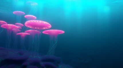 A group of glowing pink jellyfish swim in a dark blue ocean.