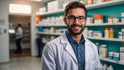 Fototapeta premium Portrait of handsome happy smiling pharmacist working on a blurry bright pharmacy background drug shelf copy space