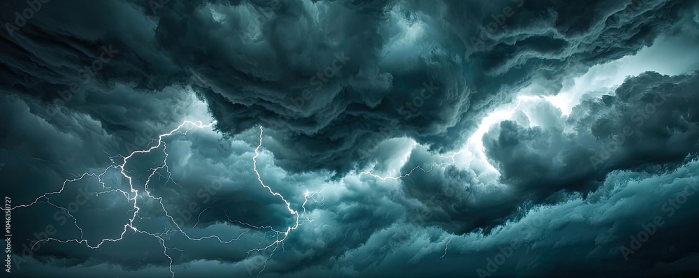 Poster dramatic storm clouds illuminated by lightning across a dark sky.