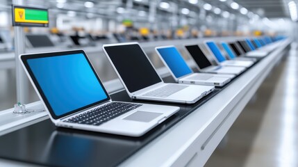 Row of laptops in a factory assembly line, highlighting mass production of electronics in a high-tech manufacturing environment.