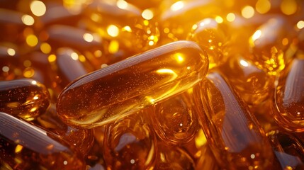 Detailed macro shot of a pile of golden fish oil softgels, light passing through the capsules, fish oil close-up, dietary supplement