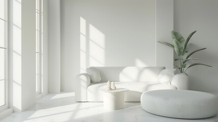 Fototapeta premium Interior of bright living room with minimal home design mockup on empty bright background