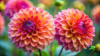Vibrant close-up of two dahlia flowers in full bloom against a blurred background, dahlia, flowers, garden, vibrant, close-up