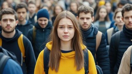 Obraz premium A young woman in a bright yellow sweater stands out in a crowd, portraying feelings of loneliness and isolation.