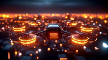 Drone fleet delivering packages over futuristic cityscapes, glowing navigation lights, efficient route management, smart city network integration