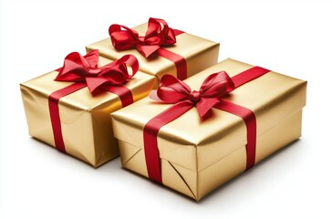 Fototapeta premium Three Gold Wrapped Gifts with Red Ribbons and Bows on White Background, Perfect for Christmas or Birthday Present Generative AI
