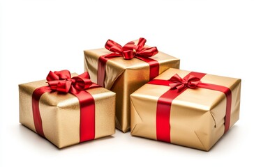 Obraz premium Three Gold Wrapped Gifts with Red Ribbons and Bows on White Background, Perfect for Christmas or Birthday Gift Presentations Generative AI