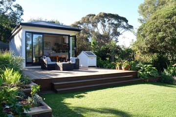 An outdoor living area with patio furniture on a wooden deck, a small home office in the background with sliding glass doors leading to a backyard garden