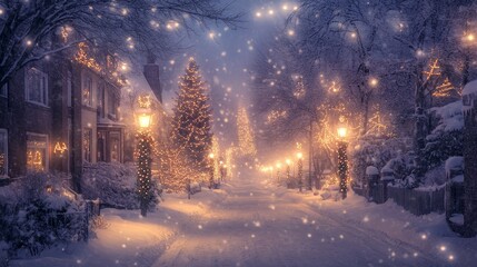 Peaceful Snowy Street Lined with Festive Christmas Lights at Evening Generative AI