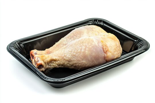 Raw fresh chicken thight or leg on black tray or plastic pack isolated on white background.Food from poultry for cooking or barbecue grill concept.with clipping path.