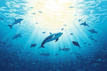 Fototapeta premium Underwater Tranquility: Dolphins Dancing in the Deep Blue