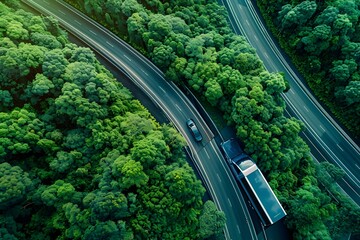 Curved Highway Through Dense Forest with Car and Truck