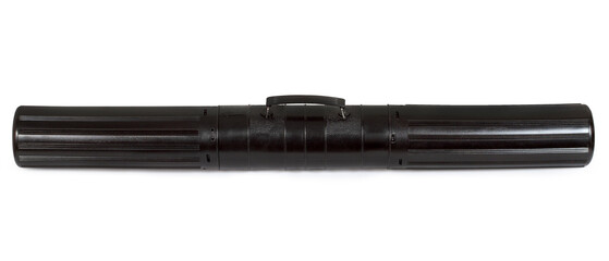 A tube with a handle for carrying and storing drawings and papers. Black plastic tube isolated on white background.