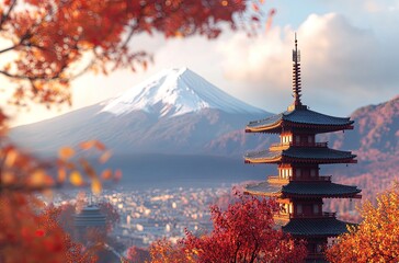 Obraz premium Red pagoda with Chureito-pagoda tower in front of the city and Mount Fuji, Japan, beautiful autumn landscape with colorful leaves