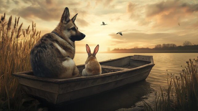 A dog and a rabbit firend ship each other.