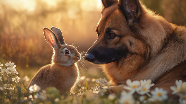 A dog and a rabbit firend ship each other.