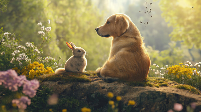 A dog and a rabbit firend ship each other.
