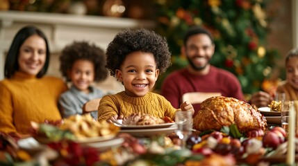 A joyful family gathers around a festive table filled with delicious food, celebrating together in a warm, cheerful environment.