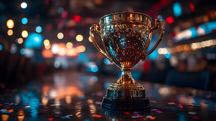 A Shiny Trophy Surrounded by Falling Confetti, Representing Victory, Achievement, and Celebration. Symbolic Image Highlighting Success, Awards, and Honoring Accomplishments in Sports, Competitions, or