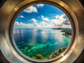 Fototapeta premium Aerial View of a Porthole Window Framing the Vibrant Ocean Waves Perfect for Travel Brochures and Nautical Themed Designs