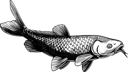 Black and white illustration of a fish with fins and scales. (2)