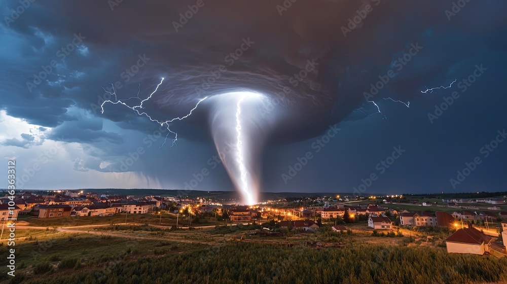 Poster tornado forming over a town with lightning and dark storm clouds in the background.