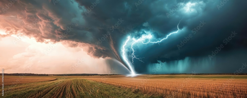 Poster dramatic lightning strikes a tornado under a stormy sky over an open field.