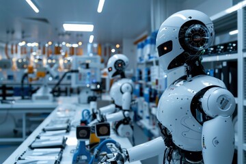 Fototapeta premium Intriguing portrait of a robotic assistant in a warm ambiance