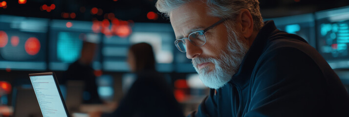 Focused on his work, man with beard and glasses analyzes data in high tech environment filled with screens displaying various information. atmosphere is intense and professional