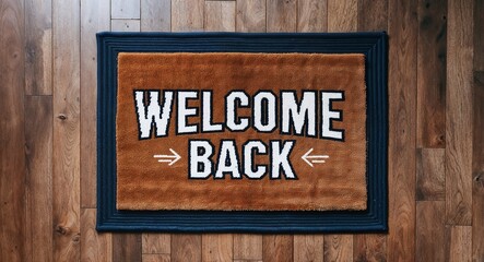 welcome back text on mat rug in wooden floor background