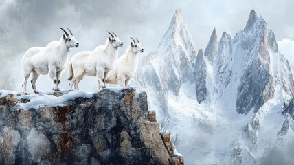 Nature image of a group of mountain goats standing on a rocky outcrop, with rugged, snowcovered peaks rising behind them