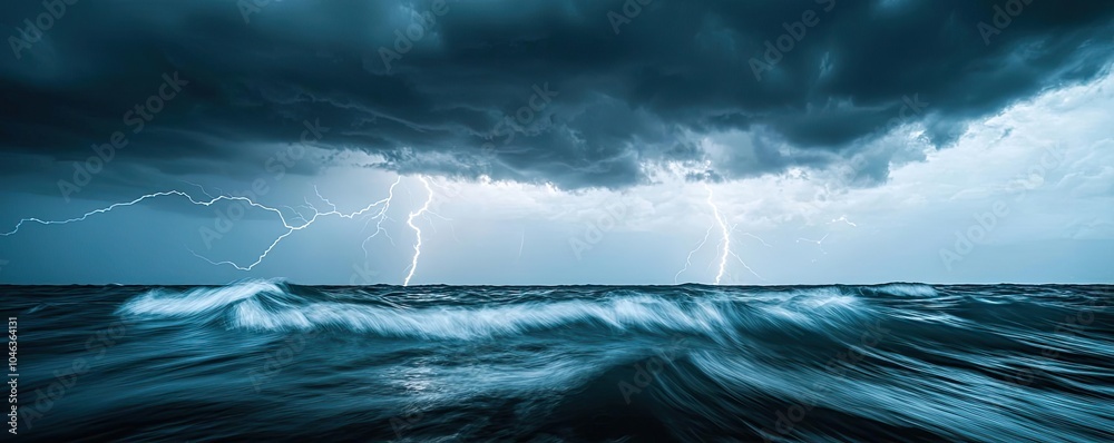 Poster stormy sea with lightning striking the clouds over turbulent waves.