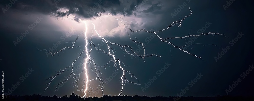 Poster dramatic lightning striking during a dark storm, illuminated clouds in the background.