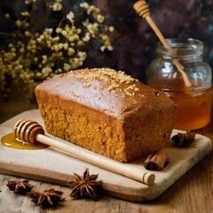 honey and Cake on wooden table