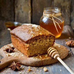 honey and Cake on wooden table