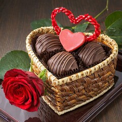 Heart shape chocolate biscuit, chocolate cake  with black cream with red rose  in the heart shape biscket 