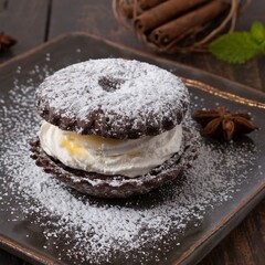 chocolate chip cookies on a plate with full of cream flavour  spray with coconut power