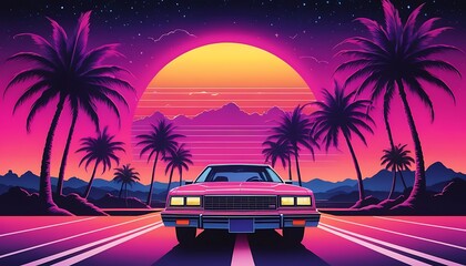 Retro Sunset Drive with a Vintage Car