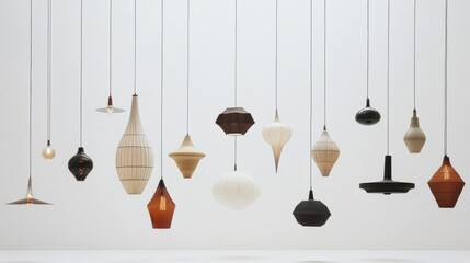 A lineup of diverse hanging lamps, featuring designs ranging from industrial to contemporary, shown against a plain white background