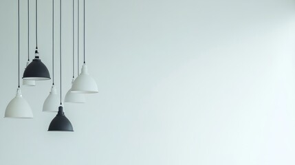 A minimalist arrangement of hanging lamps, including both vintage and modern styles, displayed on a clean white background.