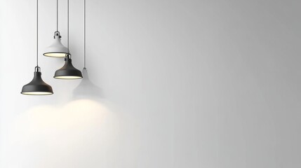 A minimalist arrangement of hanging lamps, including both vintage and modern styles, displayed on a clean white background.