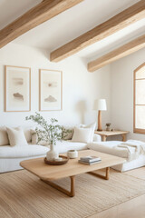 A serene interior featuring cozy living room with wooden beams, light colored sofa, and natural decor elements. space exudes warmth and tranquility, perfect for relaxation