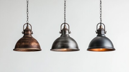 Obraz premium Unique ceiling lamps in industrial, rustic, and modern designs displayed on a smooth white background for visual clarity.