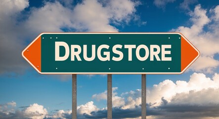 Obraz premium Drugstore text on road sign with clouds and sky background