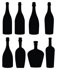 Silhouettes of Various Bottle Shapes. Isolated Vector on White Background.