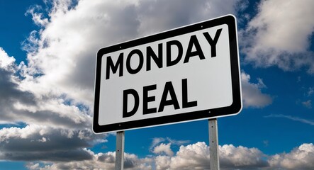 Obraz premium Monday deal text on road sign with clouds and sky background