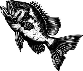 Black and white illustration of a fish jumping out of the water.